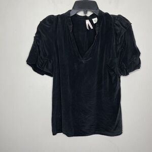 SPARKLE & FADE Silk Top Womens Medium Black V-Neck Popover Blouse Short Sleeve